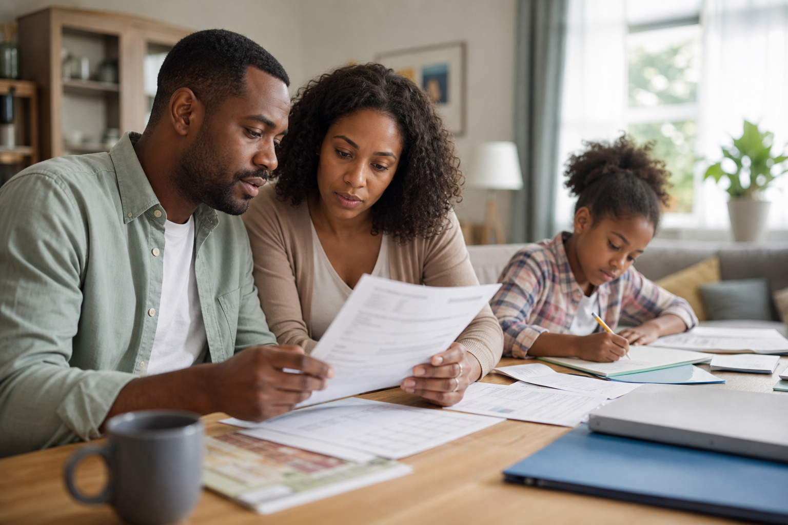 Parents reviewing Child Tax Credit documents while a child studies nearby