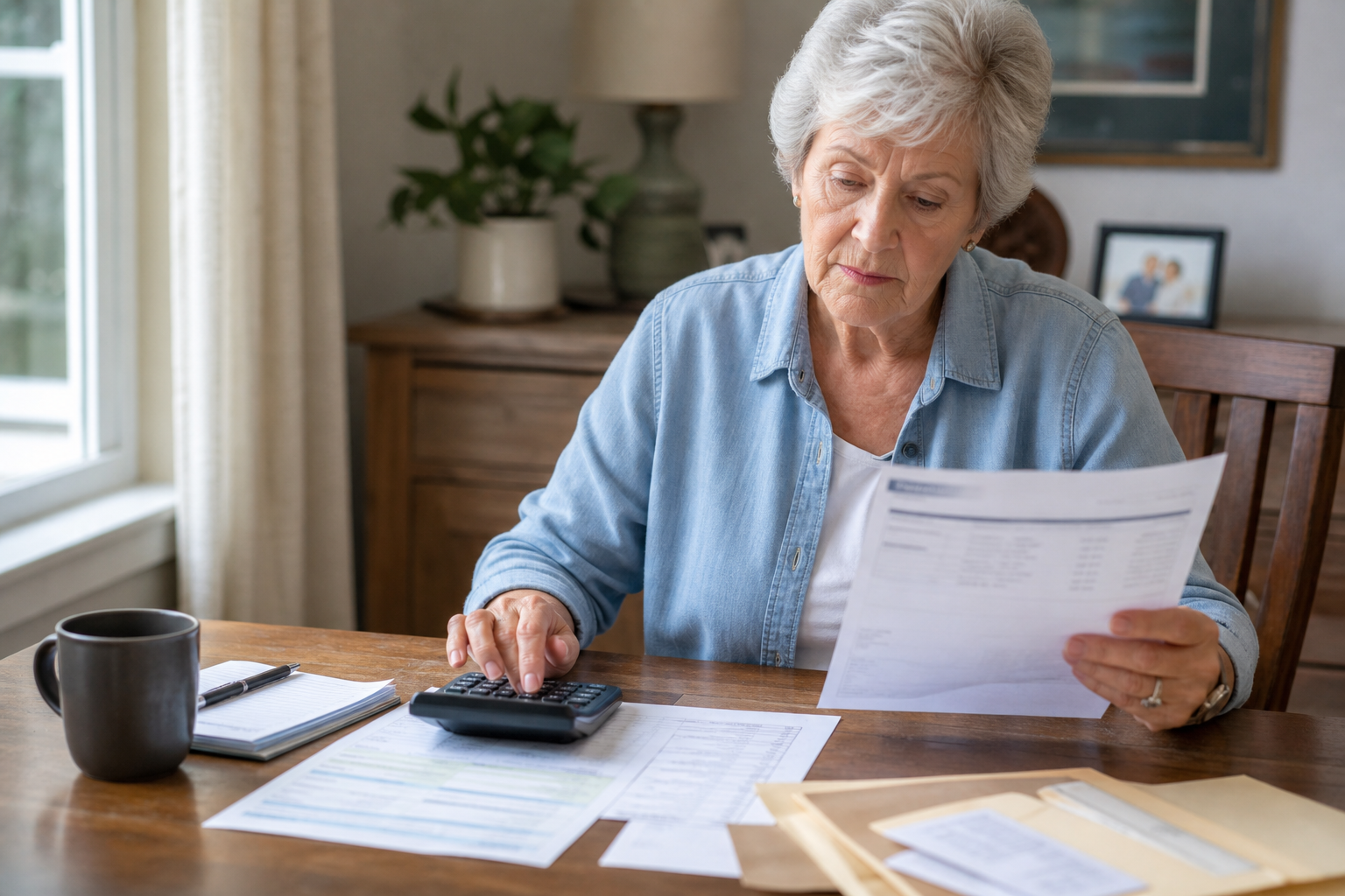 Older beneficiary reviewing a COLA increase statement with a household budget