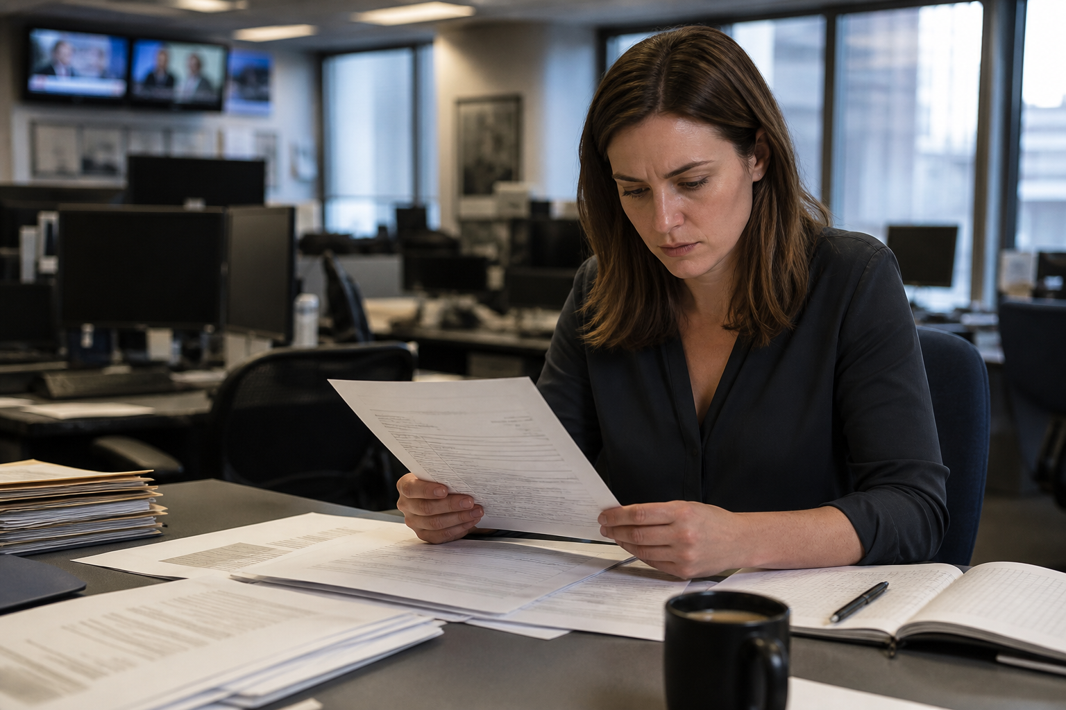 Reporter reviewing crime reporting documents and a public court docket