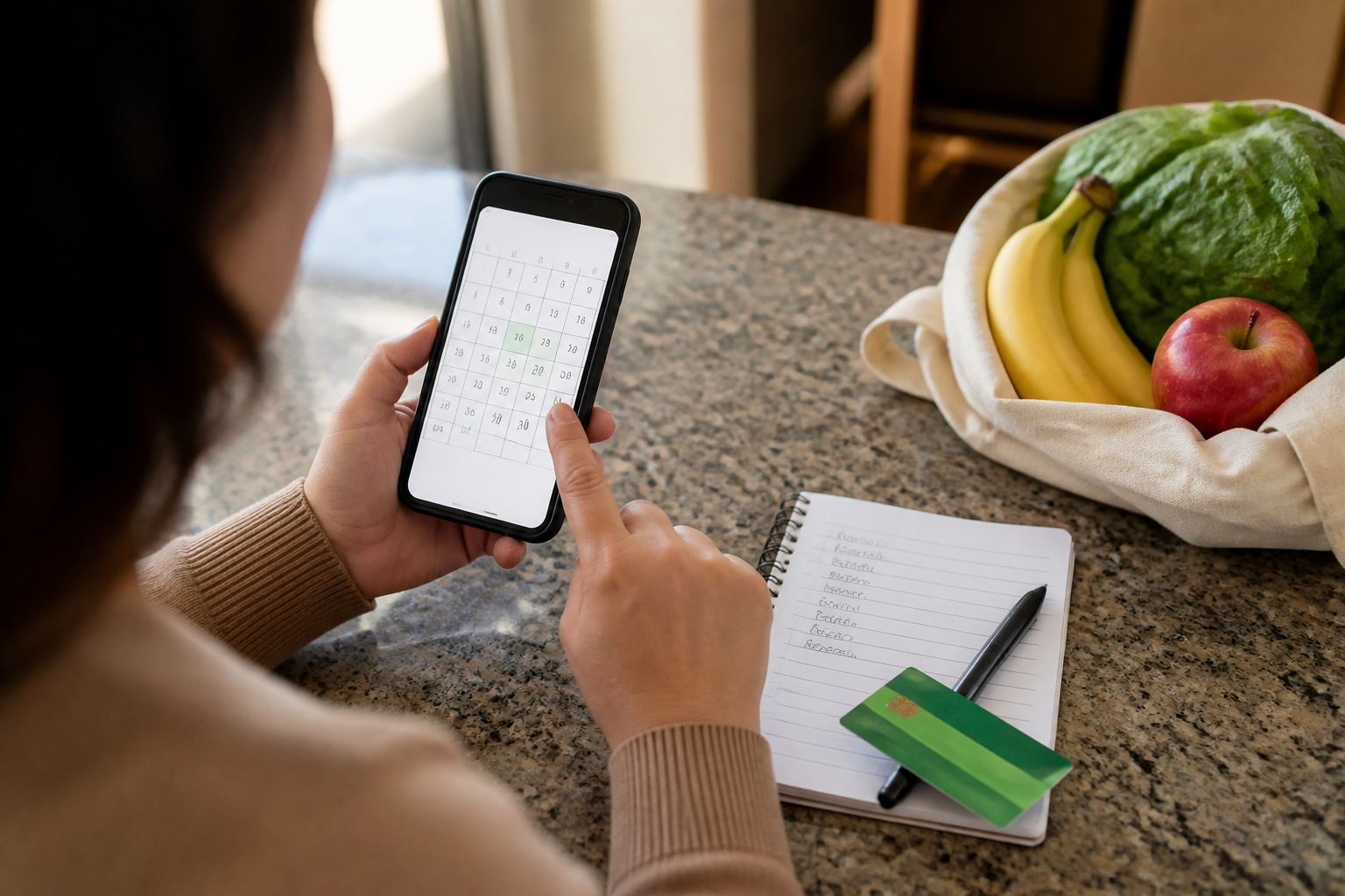 Adult checking EBT reload dates on a phone beside a grocery list