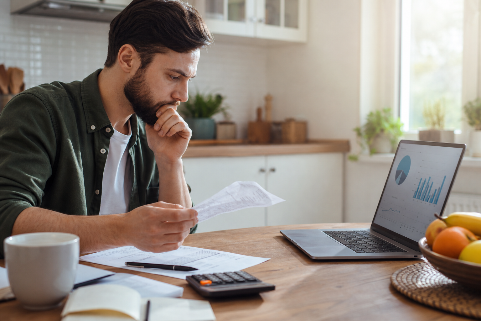 Worker reviewing federal economic policy data and a household budget