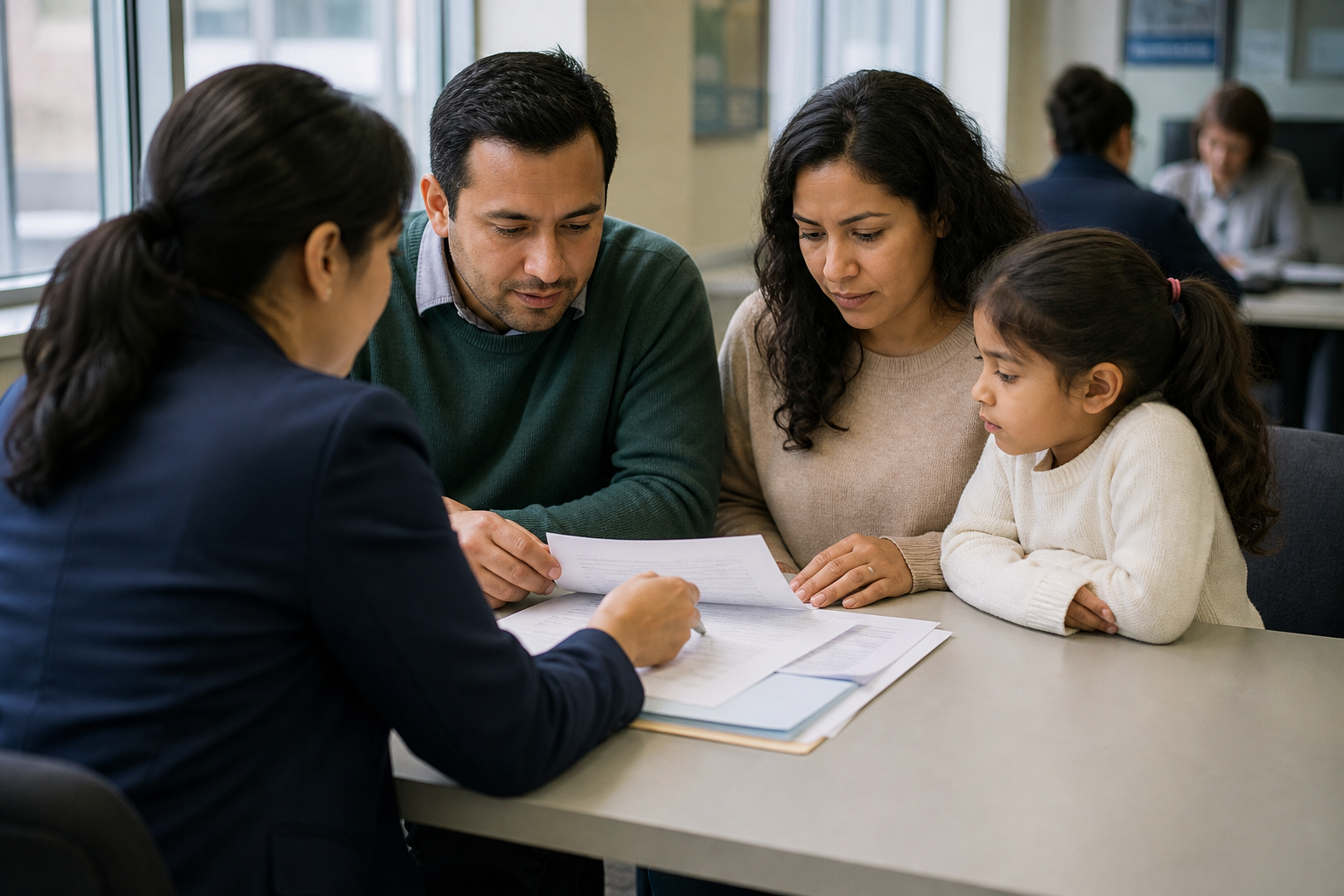 Family reviewing immigration updates with a legal aid worker