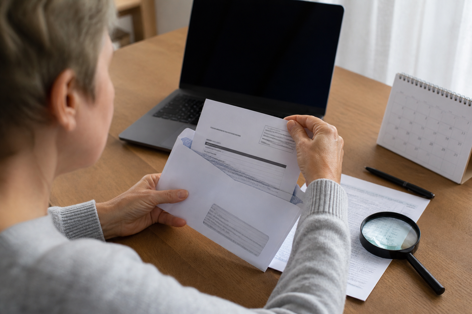 Taxpayer reviewing IRS notices and alerts with a calendar and laptop