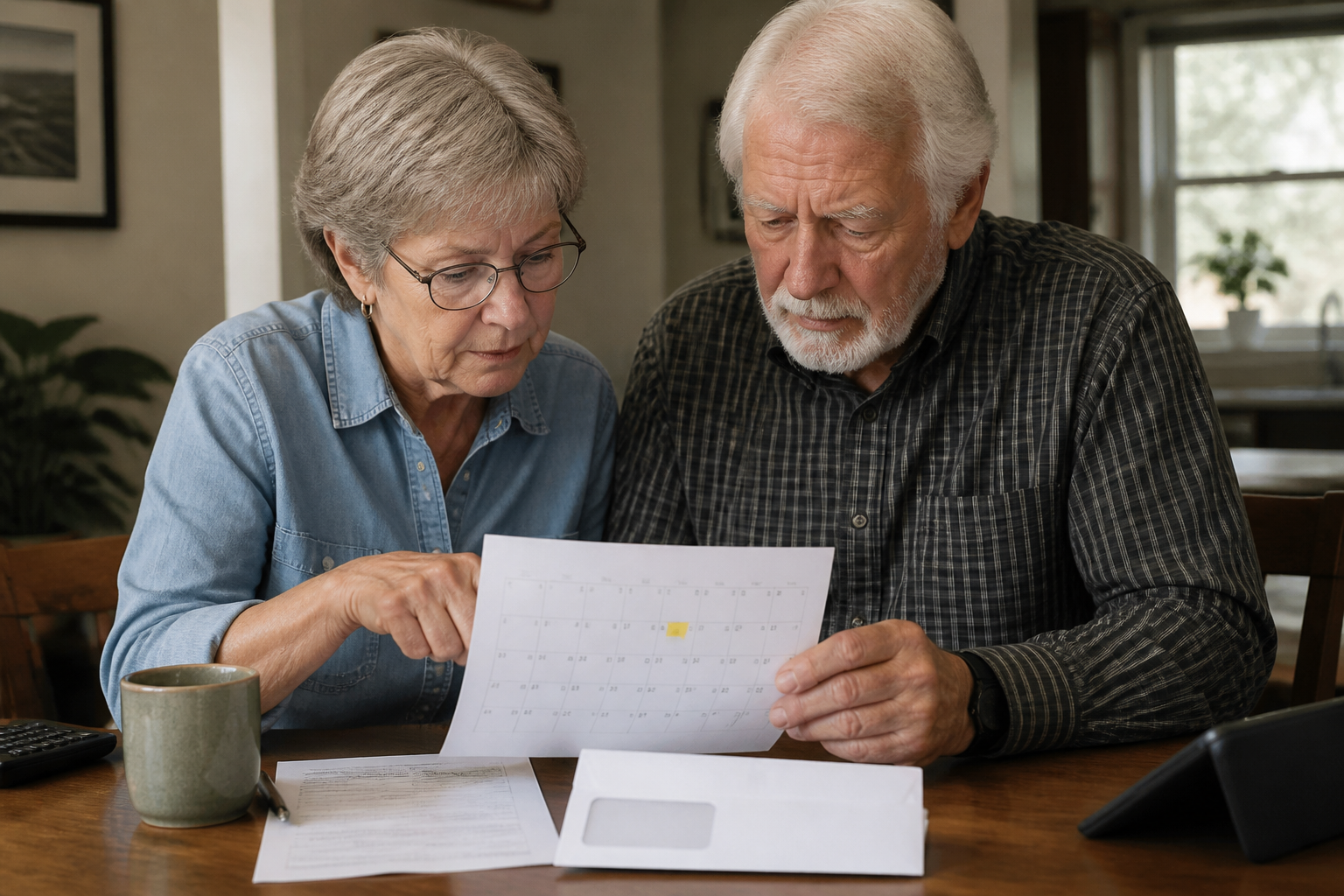September 2026 Social Security payment schedule checked on a calendar by a retired couple