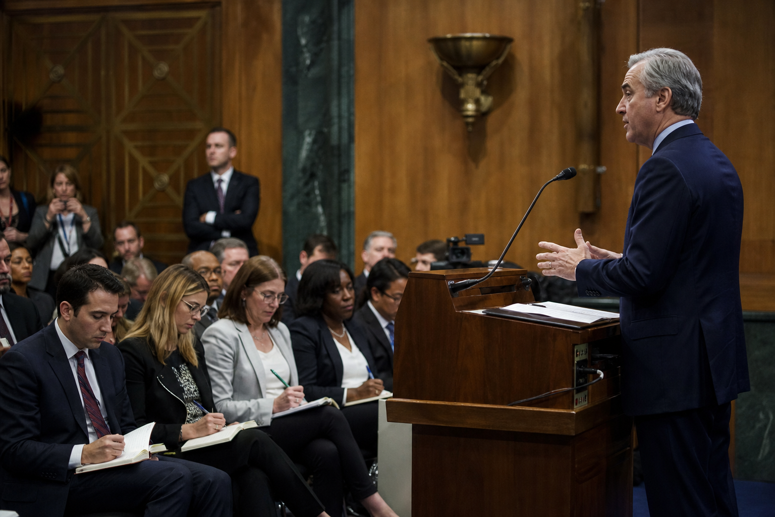 Reporter verifying political news during a public hearing