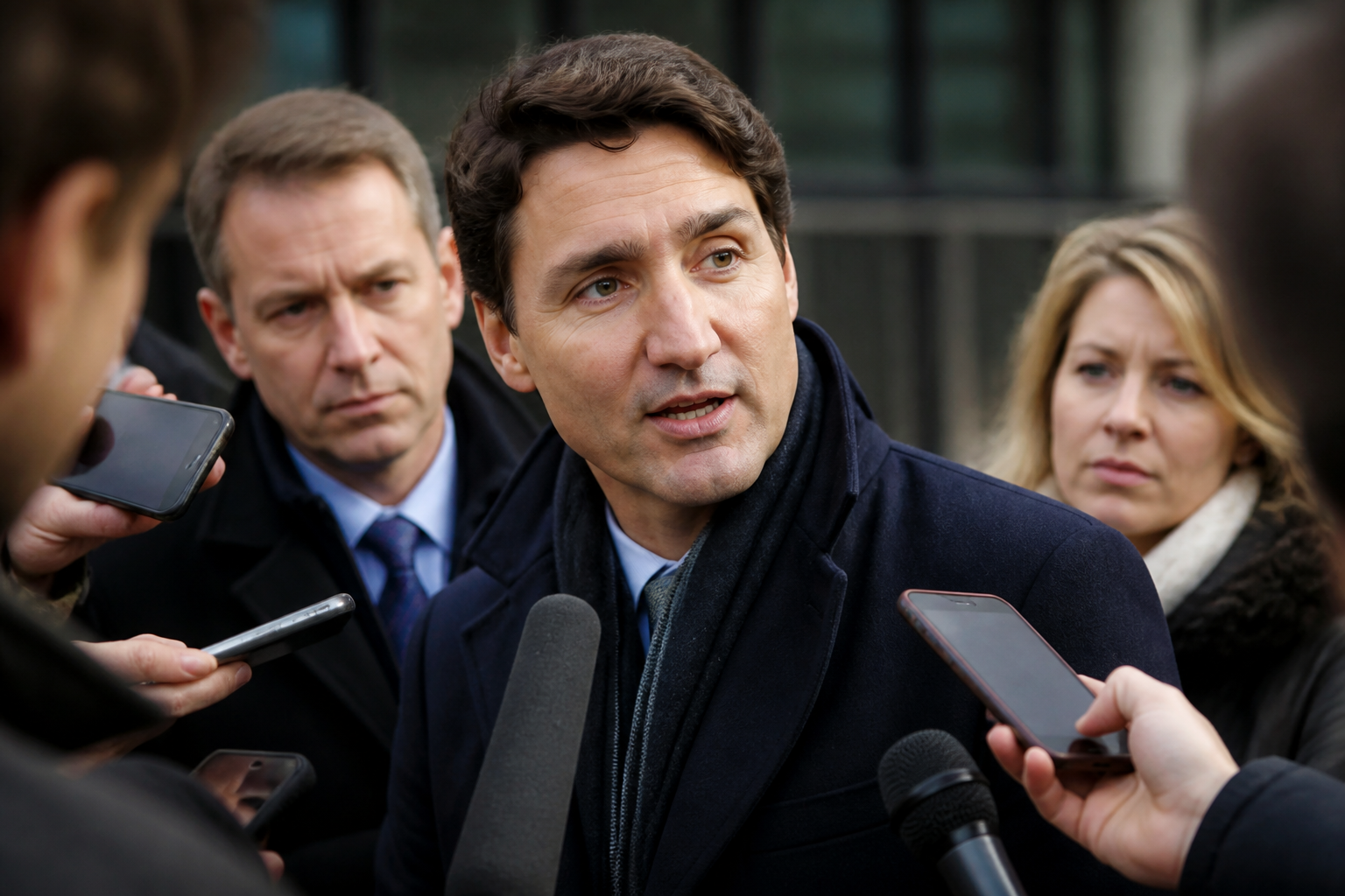 Public figure speaking with reporters during a public event