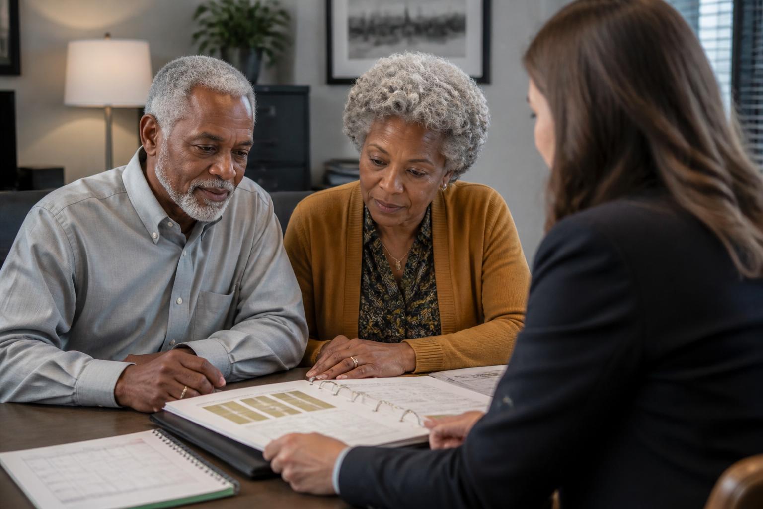 Mature couple reviewing retirement benefits with a planning counselor