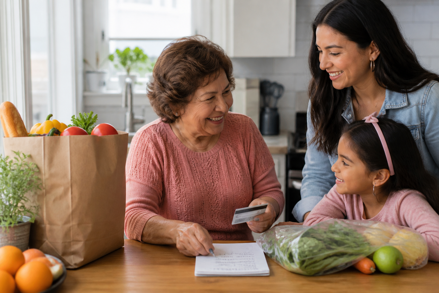 Family organizing groceries and a shopping list after reviewing SNAP benefits