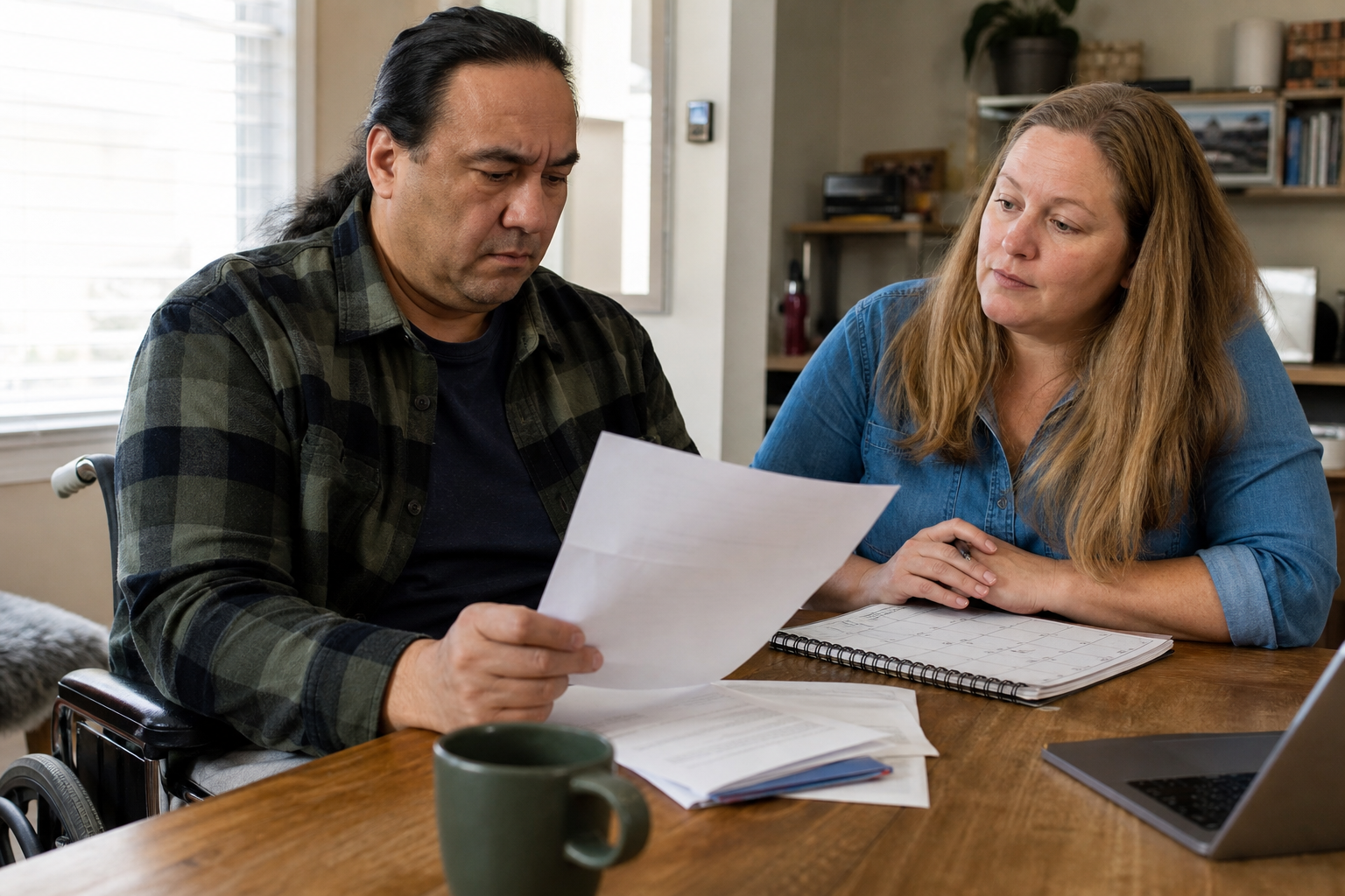SSDI work rules 2026 discussed by a disabled adult and support person