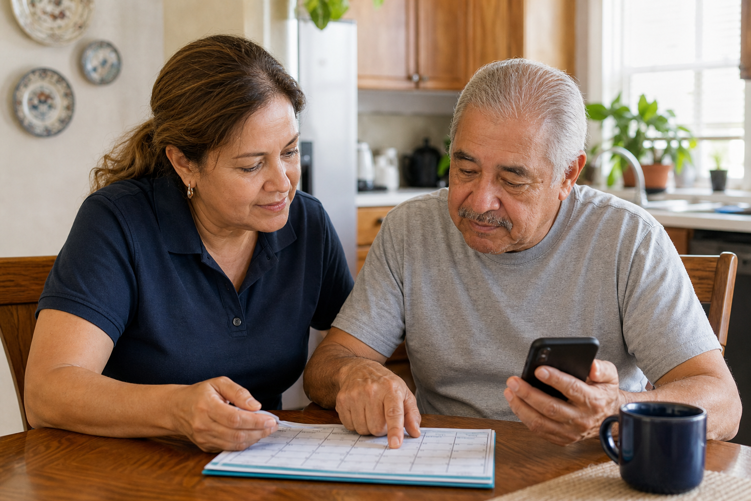 Older adult and caregiver reviewing SSI payments on a monthly calendar