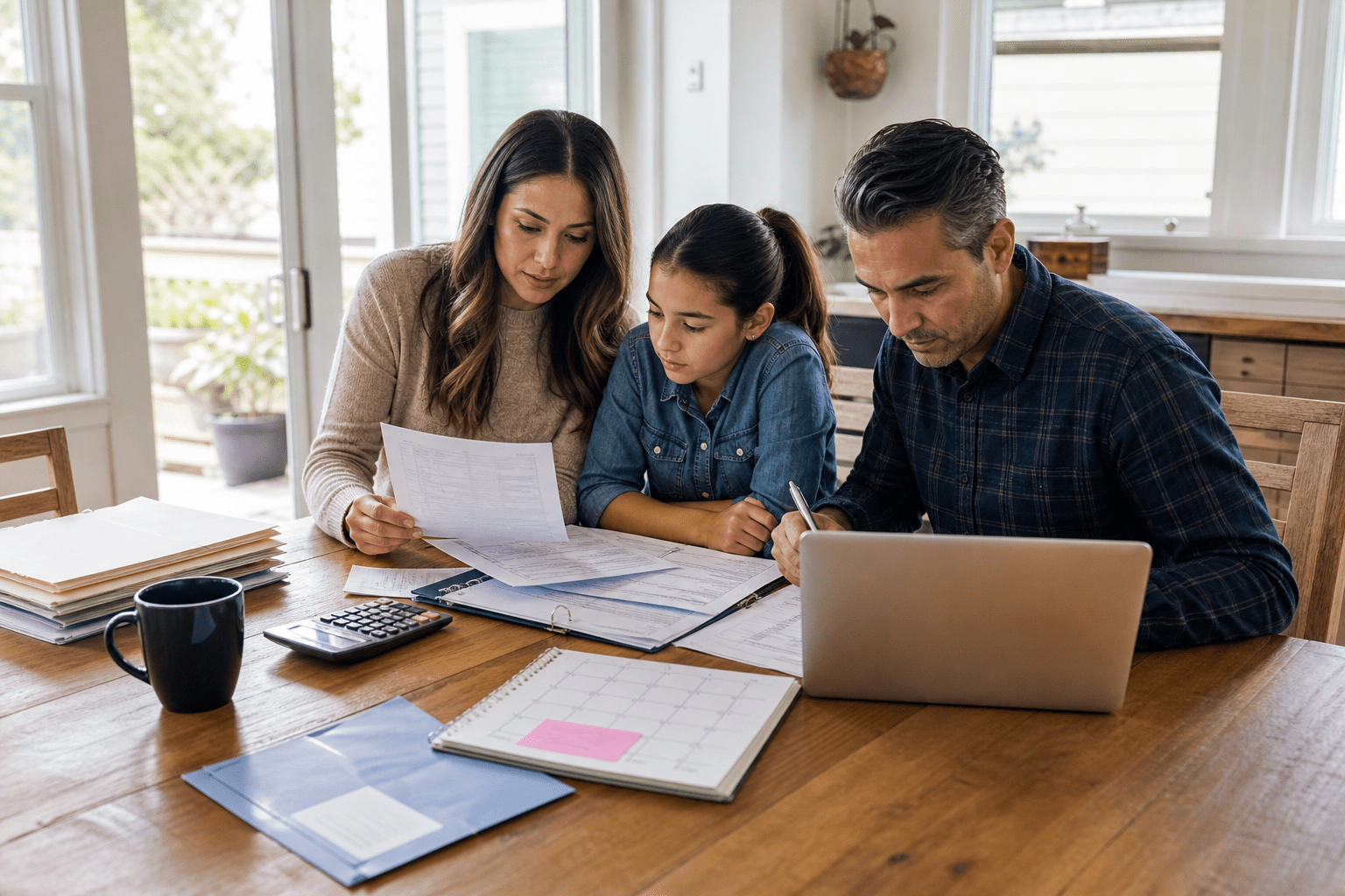 Family organizing tax filing updates with forms, calendar, and laptop