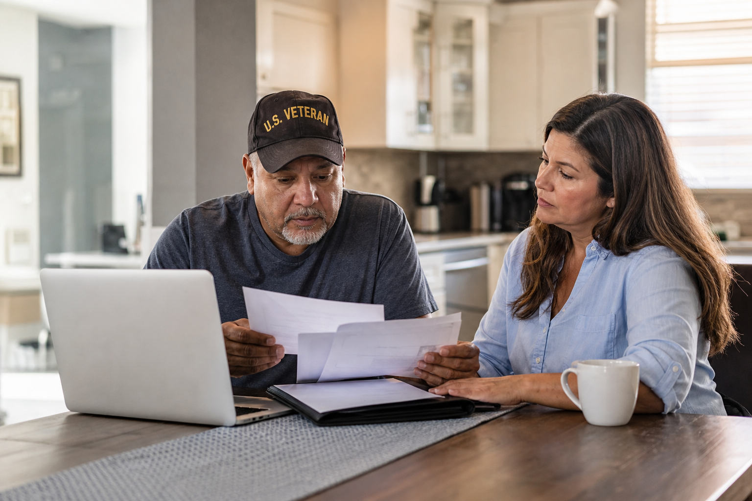 Veteran reviewing veterans benefits documents with a family member