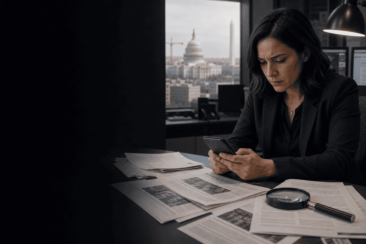 Journalist checking a political death rumor on a smartphone in a Washington newsroom