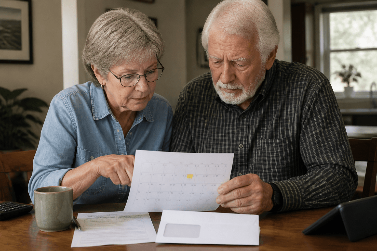 Late Social Security payment September 2026 reviewed by a retired couple at a kitchen table