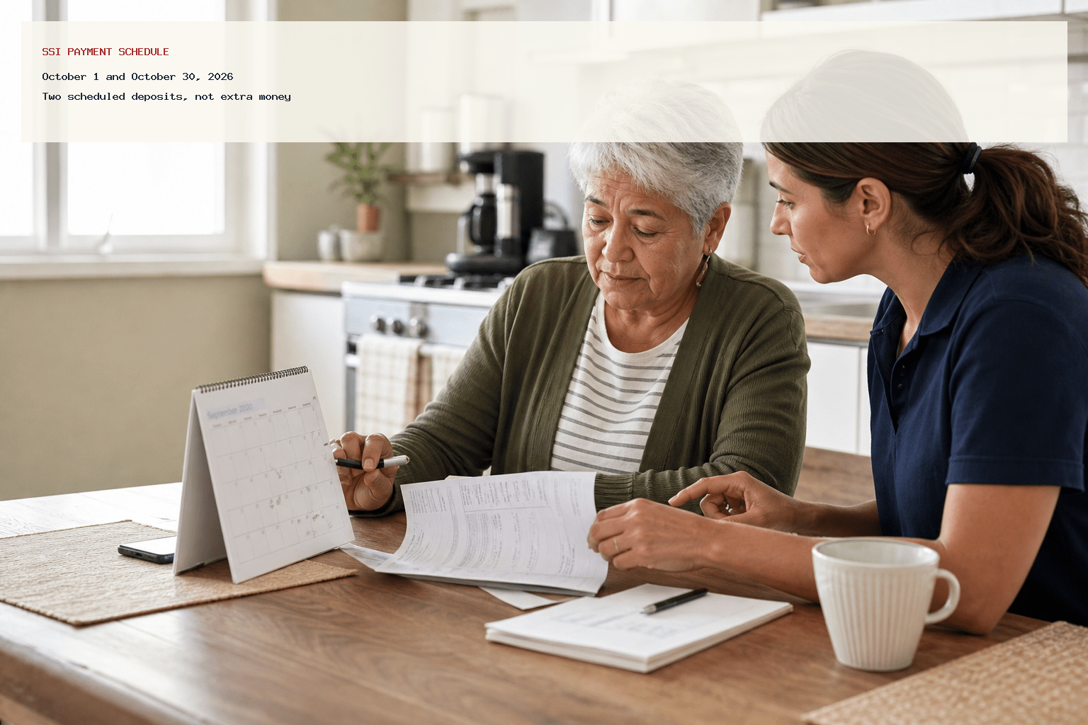 Two SSI payments in October 2026 reviewed on a household calendar