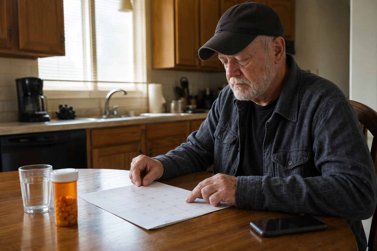 Veterans benefits update with a veteran checking a prescription calendar